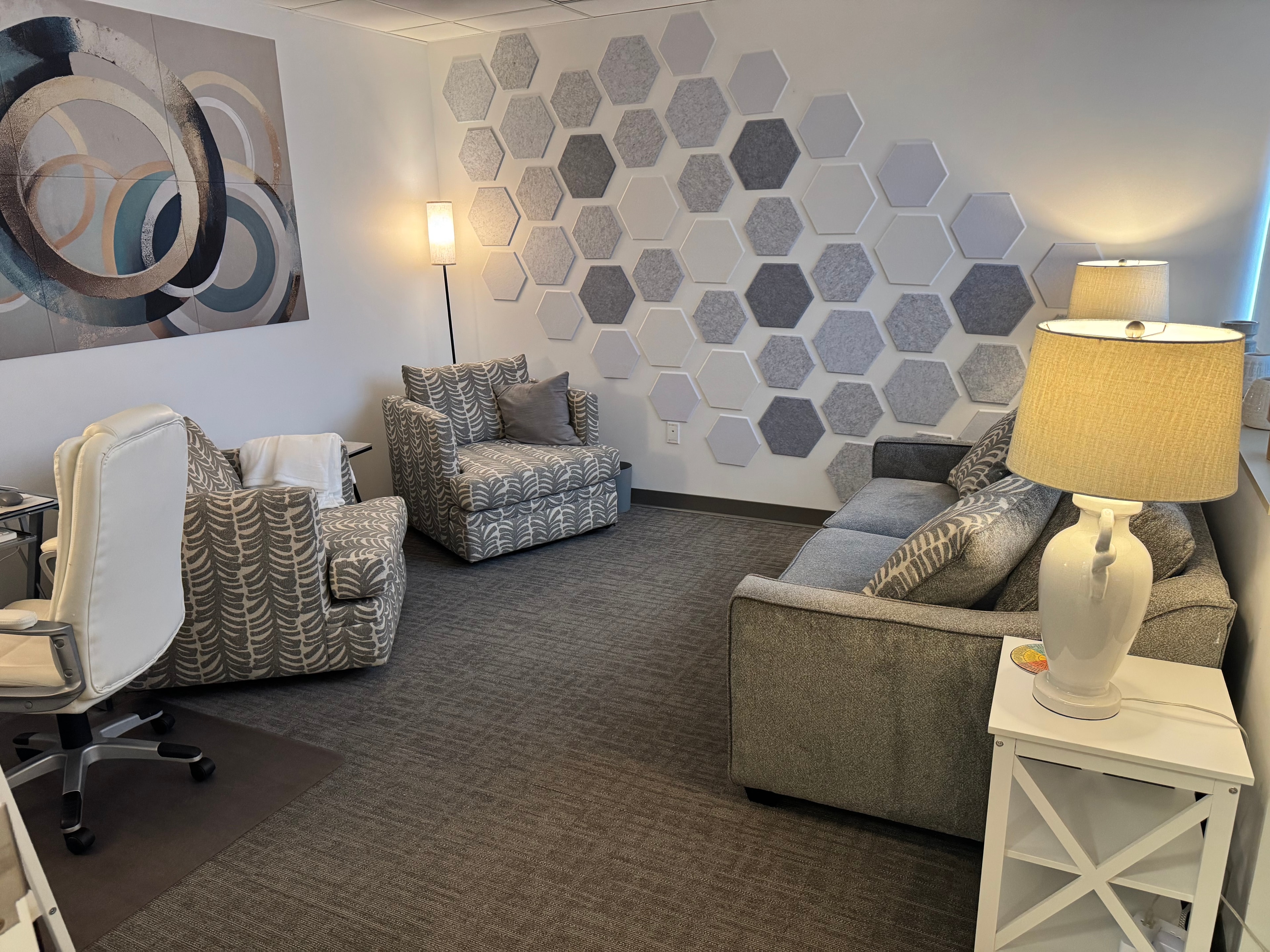Warm, comfortable therapy office interior